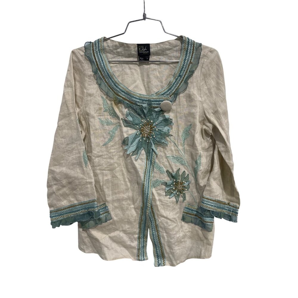 Covelo Clothing Cardigan Top Size 8 Embroidered 3/4 Sleeve Floral Beige Cottage
